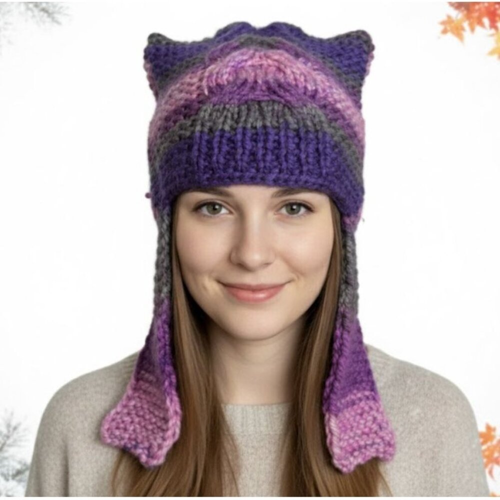 Silky Hand-Knit Purple Cat Ear Earflap Beanie Hat | Cozy Winter Gift for Her New